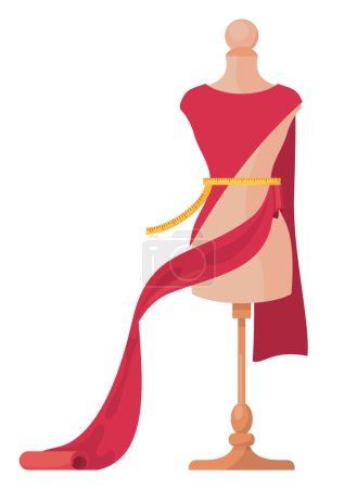 Illustration for Mannequin in atelier or sewing workshop. Model with unfinished dress from red fabric or textile. Sewing stylish glamour dress concept. Flat icon illustration for using at websites, as logo or apps - Royalty Free Image