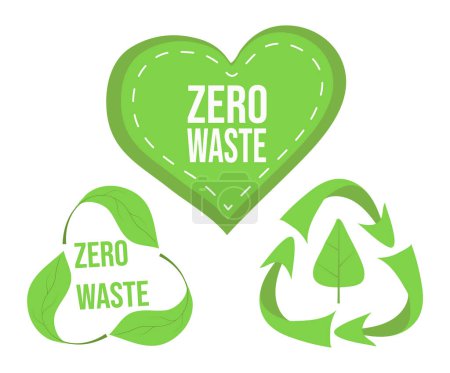 Ilustración de Conjunto de logotipo de cero residuos, forma de corazón, hoja verde dentro del círculo de flechas, logotipo de reciclaje, biodegradable, compostable, tres símbolos de reciclaje verde, protección de la naturaleza, ecológico, concepto de sostenibilidad - Imagen libre de derechos