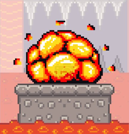 Illustration for Pixel art game background with underground detonation of bomb. Game scene concrete plarform with bang explosion, dungeon with flowing river of fire. Pixel style subterranean landscape with lava river - Royalty Free Image