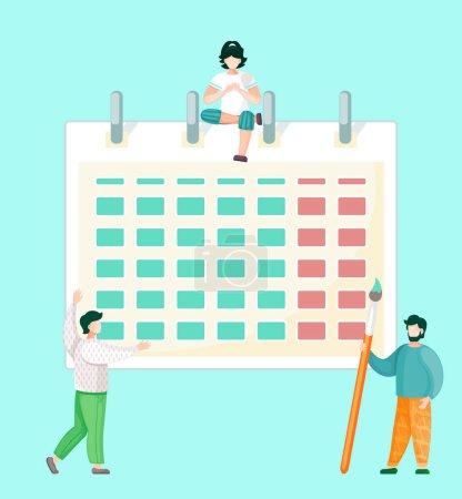 Illustration for Businesspeople are communicating in office. Office characters near calendar are discussing a new project, doing effective time management, generating planned schedule. Flat vector illustration - Royalty Free Image
