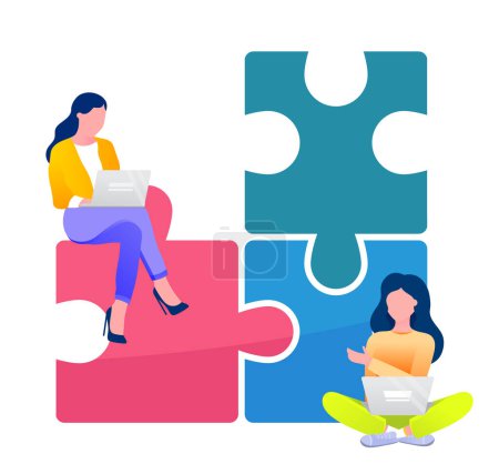 Illustration for Two businesswomen solving business problems. working in team, communicating with each other. Connecting puzzle elements, joint business project or creative idea. Working or cooperating together - Royalty Free Image