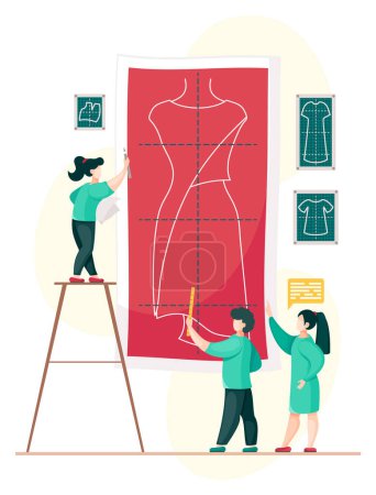 Illustration for Vector flat illustration of group seamstress near big paper with dress pattern. Creative designers look at model of future dress. Sewing workshop. Woman talking, dialogue cloud. Man with ruler - Royalty Free Image