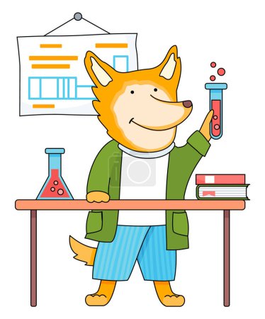 Illustration for Funny cartoon animal student. A fox schoolboy with test tube in hands in chemistry class. Smart active pupil is making experiments in a chemistry lab in the classroom. Back to school, education theme - Royalty Free Image