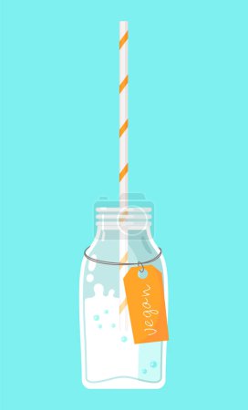 Illustration for Plant-based vegan milk. Healthy cow alternative to lactose milk, an environmentally friendly product lactose free. Milk replacement banner with nutty milk in glass bottle with tubule and label - Royalty Free Image
