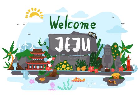Bienvenido a la isla de Jeju. Atracciones turísticas de Jeju tales como parque de hallim, buceo turístico, parque del faro de la isla del udo, dolharubang, casa de paja, excursión de buceo. Isla Jeju en Corea del Sur. Vector plano