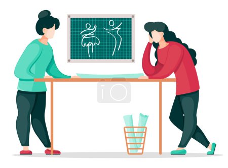 Illustration for Designers talking about concept of female, male cloth. Sewers choose variant of tailor pattern. Concept of sewing workshop with stylists working. Thinking woman lean on table. Flat vector illustration - Royalty Free Image