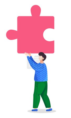 Illustration for Cartoon character in vector illustration. Man or guy holding piece or element of puzzle. Part of business project. Person carrying piece of jigsaw, solving work problems concept. Detail of huge puzzle - Royalty Free Image