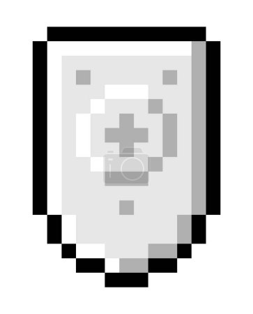 Illustration for Pixel art design of a shield icon. Abstract shield icon in pixel style isolated. Game element weapon pixel art old school computer grafic style. Silver shield with a cross to protect the warrior - Royalty Free Image