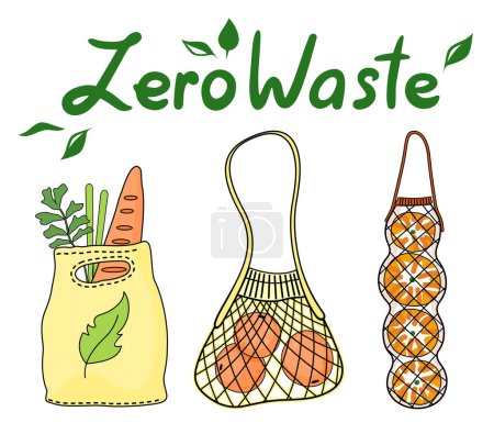 Illustration for Vector poster in eco style with text zero waste. Save planet, use recycling, textile or mesh bags for products. Cartoon text or phrase with ecology concept. Eco slogan at shopping bags background - Royalty Free Image