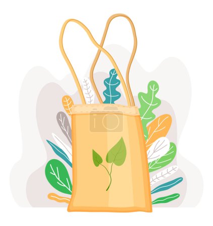 Illustration for Zero waste collection. Eco concept. Fabric bag on a background of large colorful leaves. Eco style save the planet, use safe packaging. Waste management concept, appeal for nature protection - Royalty Free Image