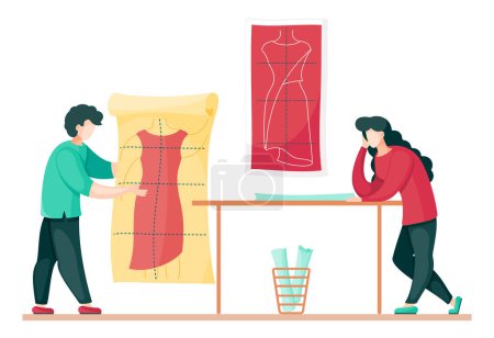 Illustration for Designers working at new model of dress. Sewers choose variant of dress tailor pattern. Concept of sewing workshop with seamstress working. Thinking woman lean on table. Flat vector illustration - Royalty Free Image