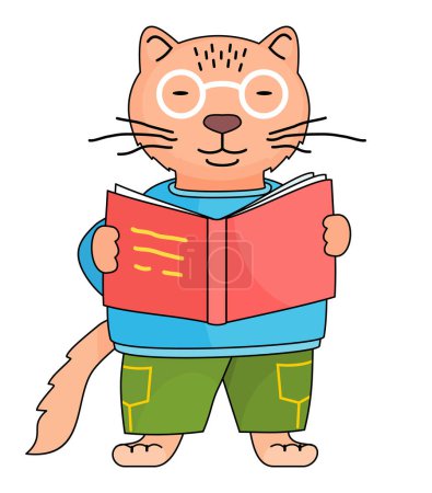 Illustration for Cute cartoon cat wearing eyeglasses, hoodie, pants reading book isolated at white. Clever orange cat studying. Hero of children s books, magazines. Adorable animal student or pupil of college - Royalty Free Image