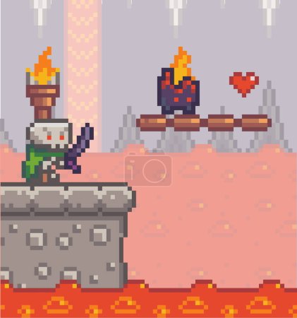 Illustration for Pixel game interface. Aggresive mob, npc, skeleton with sword. Unstable platform with burning dangerous monster, bonus life, heart. Cave with boiling lava or magma. World of 8bit game, graphics of 80s - Royalty Free Image