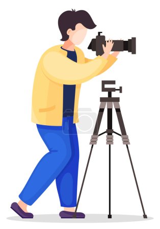 Illustration for Photographer is standing near the professional tripod and taking picture. Cartoon photographer is holding photo camera and photographing. Vector flat design illustration isolated on white background - Royalty Free Image