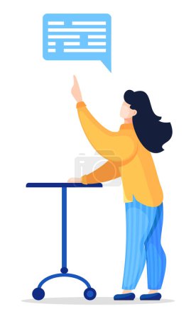 Illustration for Young woman isolated at white background with speech cloud or dialog cloud with text. Conversation or talking with someone. Cartoon character in vector style near table on rollers. Dialogue concept - Royalty Free Image