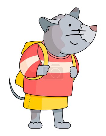 Illustration for Cute cartoon mouse with yellow backpack smiling isolated at white. Mousy girl wear red sweater and yellow skirt. Hero of children s books, magazines. Adorable animal student or pupil of college - Royalty Free Image