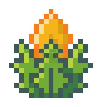 Téléchargez les illustrations : Buisson vert avec fleur jaune. Symbole Pixel pour jeu mobile, objet abstrait 8bit. Icône pour jeu d'ordinateur ou de téléphone, jeu vidéo dans le style des années 80 isolé à fond blanc. Pixel game design. Vecteur végétal - en licence libre de droit