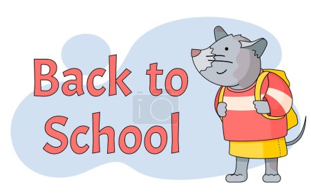 Illustration for Back to school concept. Cute cartoon mouse with backpack smiling isolated at white looking at text. Student or pupil animal of college or school. Adorable character schooler girl. Banner, poster - Royalty Free Image