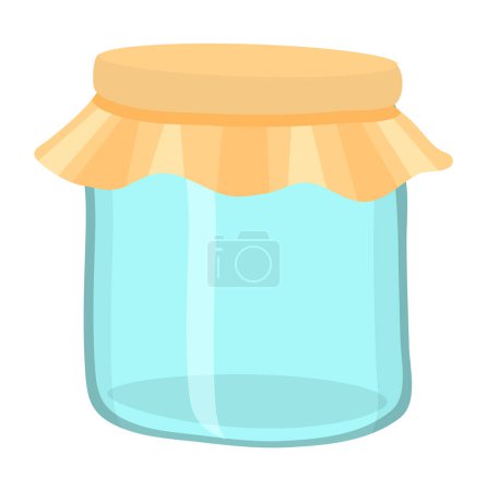 Illustration for Empty transparent glass jar with fabric cover and elastic band isolated at white background. Vector illustration of cartoon glass jar. Container for seeds, grains, species, jam or conservation - Royalty Free Image