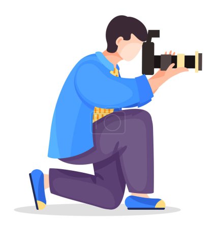 Illustration for Photographer or paparazzi kneel to take best photo using professional high resolution camera with removable lens. Man shooting, using professional equipment. Cartoon character at white background - Royalty Free Image