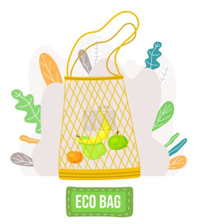 Illustration for Vector illustration in cartoon style with text of eco bag with banana, apple, pear, orange inside. Save nature, eco friendly concept. String bag for for repeated use, without waste. No plastic concept - Royalty Free Image