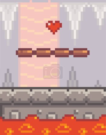 Illustration for Life heart above unstable platform over magma. Pixelated texture. Overcoming obstacle, bonus life. Grey cave with boiling lava. Element, symbol of 8bit mobile game. 2d texture. Pixel game interface - Royalty Free Image