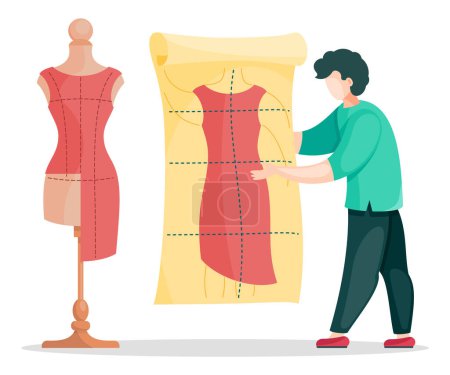 Illustration for Concept of sewing workshop with designer or seamstress working with dress pattern. Unfinished dress model at mannequin. Man look at pattern of future dress. Vector illustration with cartoon character - Royalty Free Image