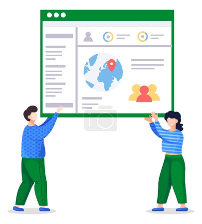 Illustration for Man and woman in similar color clothes holding web page in hands. Coders or programmers created working in team social website with navigation and personal page. People isolated at white background - Royalty Free Image