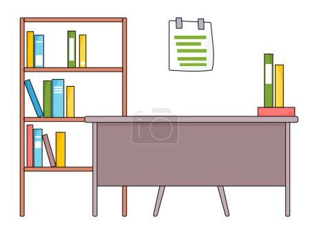 Illustration for Workplace of teacher, desk or table near bookshelf isolated at white background. Notebooks and books on shelves. Study concept. School desk with chair. Sticker with notes at wall. Place for work - Royalty Free Image