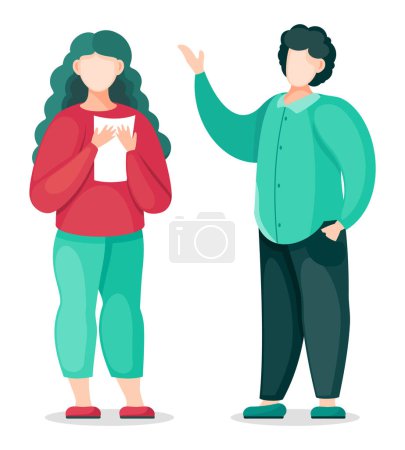 Illustration for Flat vector illustration of two cartoon charactersisolated at white background. Man talking with woman. Guy gesture hand. Woman holding sheets of paper in hands. People communicating concept - Royalty Free Image