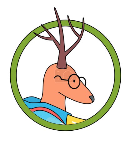 Illustration for Cute animal avatar, deer in circle isolated at white background. Portrait of deer wearing glasses. Cartoon character isolated in circle. Deer head. Using for sticker or logo at website, as icon - Royalty Free Image