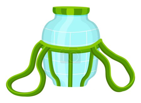 Ilustración de Aislado en el fondo blanco vector ilustración de red o malla para llevar tarro de vidrio grande. Frasco de vidrio transparente vacío en el portador. Gran contenedor de vidrio cerrado para enlatar con tapa verde - Imagen libre de derechos