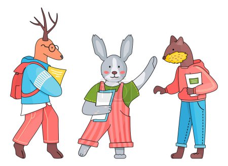 Illustration for Cartoon animals students back to school. Deer wearing glasses, hoodie and red backpack, notebook. Rabbit with papers waving hand, wearing striped overalls. Stylish otter with notebook. Study concept - Royalty Free Image