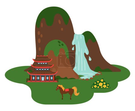 Illustration for Life of Jeju island. Mountains or rocks with waterfall, Yakchunsa Temple, horse, green bush with yellow flowers. Places for visiting at Jeju island for tourists in South Korea. Isolated island - Royalty Free Image