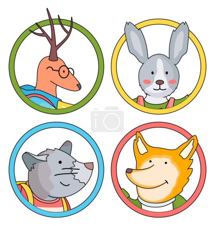 Illustration for Set or collection of cartoon characters icons, avatars, portraits. Cute animals in circle, round frame. Wild animal s heads. Deer wearing glasses, bunny, mouse, fox. Using for sticker or logo, as icon - Royalty Free Image