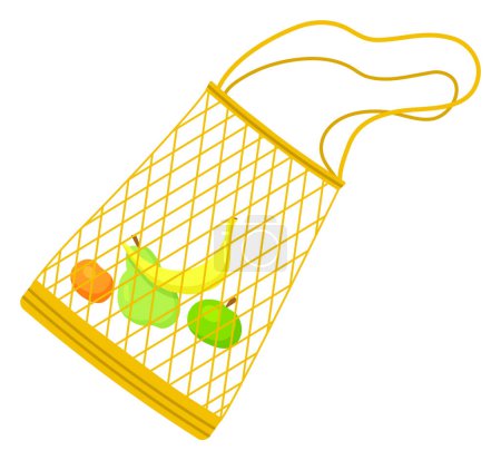 Illustration for Vector illustration in cartoon style with mesh net eco bag with banana, apple, pear, orange inside. Save nature, ecofriendly concept. String bag for repeated use, without waste. No plastic concept - Royalty Free Image
