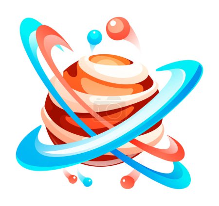 Photo for Cartoon icon of planet with circles of orbit. Cute unknown planet element. Colorful space planet isolated at white background. Galaxy or cosmos theme. Icon of mobile, computer game, mystical planet - Royalty Free Image