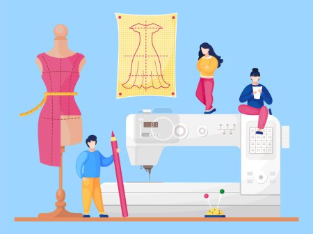 Ilustración de Taller de costura con diseñadores en el fondo de la máquina de coser. Alcantarillas que trabajan con el patrón de costura. Diseño plano vector ilustración de alcantarillado con lápiz, maniquí con vestido sin terminar, caja de la aguja - Imagen libre de derechos