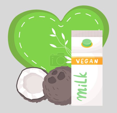 Illustration for Plant-based vegan coconut milk. Healthy cow alternative to lactose milk, an environmentally friendly product lactose free. Milk replacement banner with nutty milk in paper box and coconut nuts - Royalty Free Image