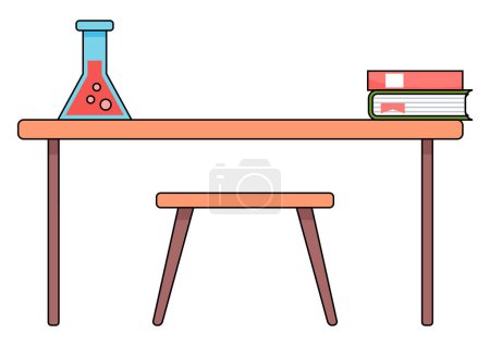 Illustration for Illustration of teachers workplace or students school desk, flask with red liquid in a cartoon style. Back to school concept. Chair and a table with books, chemical laboratory vessel for experiments - Royalty Free Image