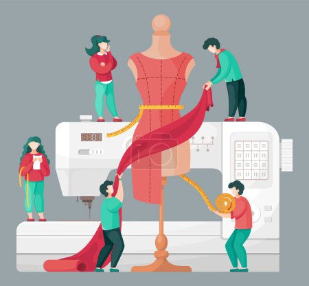 Illustration for Sewing workshop with designers at sewing machine background. Seamstress measuring stylish dress on mannequin. Flat design vector illustration of sewers with textile and measure tape in atelier - Royalty Free Image