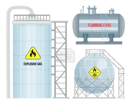 Gas stations with ladder, flammable gas, explosive gas. Huge storage tank for compressed gas. Dangerous under pressure. Industrial construction. Reservoir for butane, propane, methane. Different forms