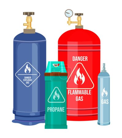 Illustration for Set of gas cylinder vector tank. Propane bottle icon container. Oxygen gas cylinder canister fuel storage. Balloon with flammable sign. Oil fuel metal safety. Safe butane and propane, oxygen equipment - Royalty Free Image