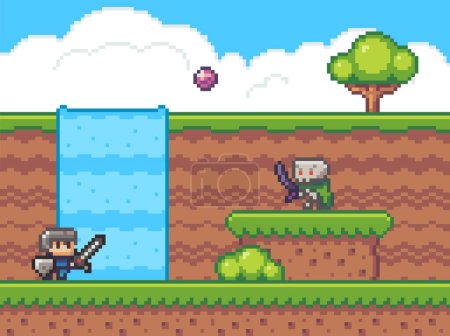 Illustration for Pixel game interface, elements. 80s graphic. Hero or personage of mobile 8bit game. Pixelated knight with sword throwing ball in skeleton. Waterfall at background. Adventure game, 2d texture - Royalty Free Image
