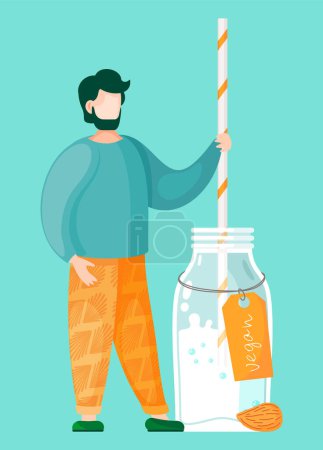 Illustration for Plant-based vegan coconut milk. Healthy cow alternative to lactose milk, an environmentally friendly product lactose free. Milk replacement banner with milk in bottle, almond and a man character - Royalty Free Image