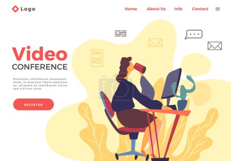 Illustration for Landing page template with woman holding a video conference with colleagues or friends, online communication concept. Female sitting at the table with computer, drinking cofee, videoconferencing - Royalty Free Image