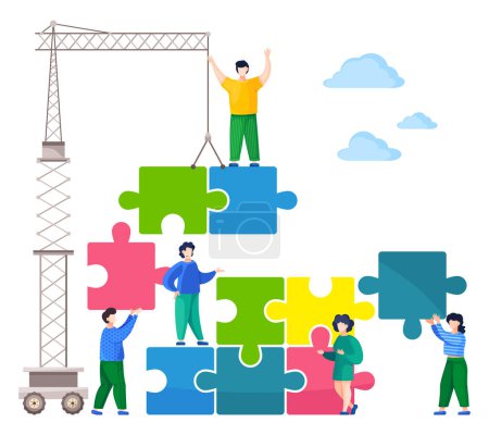 Illustration for Team building concept, joint teamwork in the company. People working together with puzzle blocks. Workers build with a construction crane stack blocks. Joint work team support and business development - Royalty Free Image
