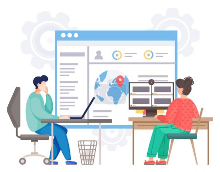 Illustration for People working in office. Man sitting at table working with laptop. Woman has video conference using webcam. Website with navigation, user profiles at background. Office workers isolated at white - Royalty Free Image