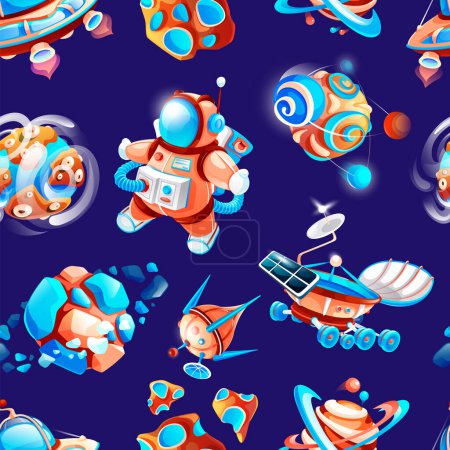 Illustration for Seamless pattern with space theme. Cartoon space icons at cosmos background. Space elements with cosmonaut, planet, asteroids, shuttle, space ship, satellite at galaxy background. Icons for game - Royalty Free Image