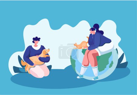 Illustration for Pet owners two women with their domestic animals on a walk or at home in the evening flat vector. Girlfriends are sitting with dog and cat talking, communicating, spending time together with pet - Royalty Free Image